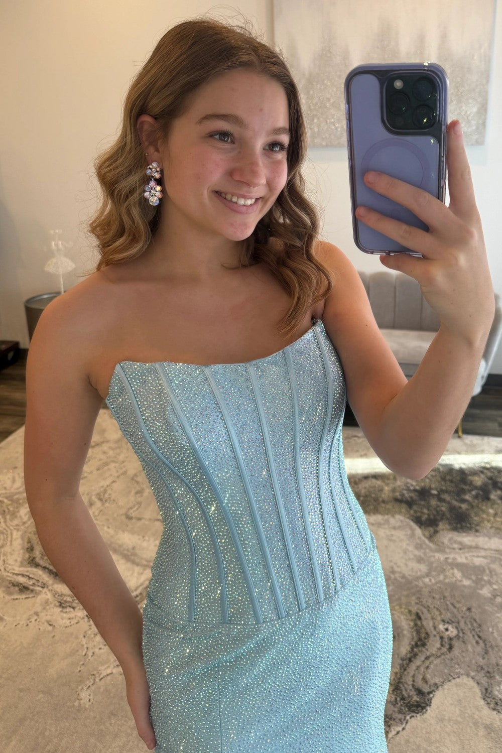 Sparkly Mermaid Strapless Hot Pink Long Prom Dress with Beading Split Front