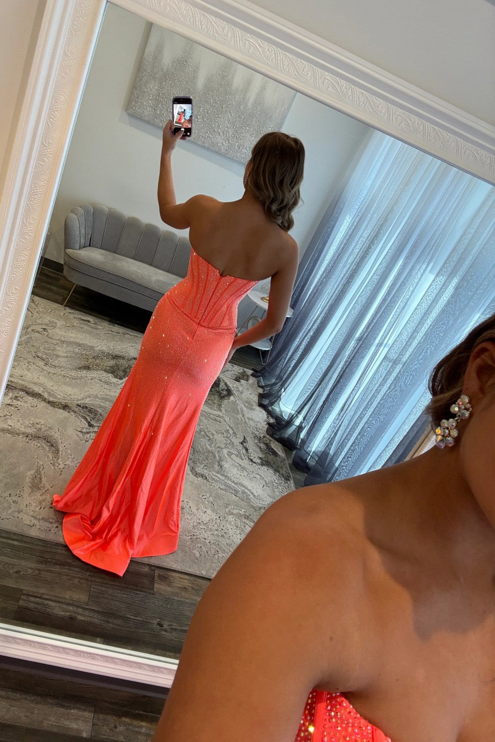 Sparkly Mermaid Strapless Hot Pink Long Prom Dress with Beading Split Front