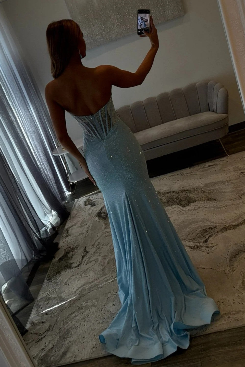 Sparkly Mermaid Strapless Light Blue Corset Prom Dress with Beading