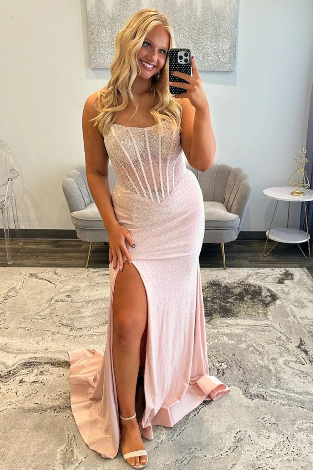 Sparkly Mermaid Strapless Light Blue Corset Prom Dress with Beading