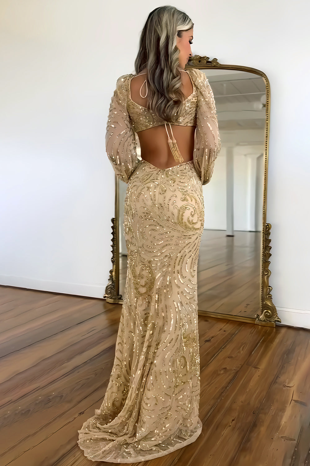 Sparkly Mermaid V-Neck Sequin Long Prom Dress with Long Sleeves