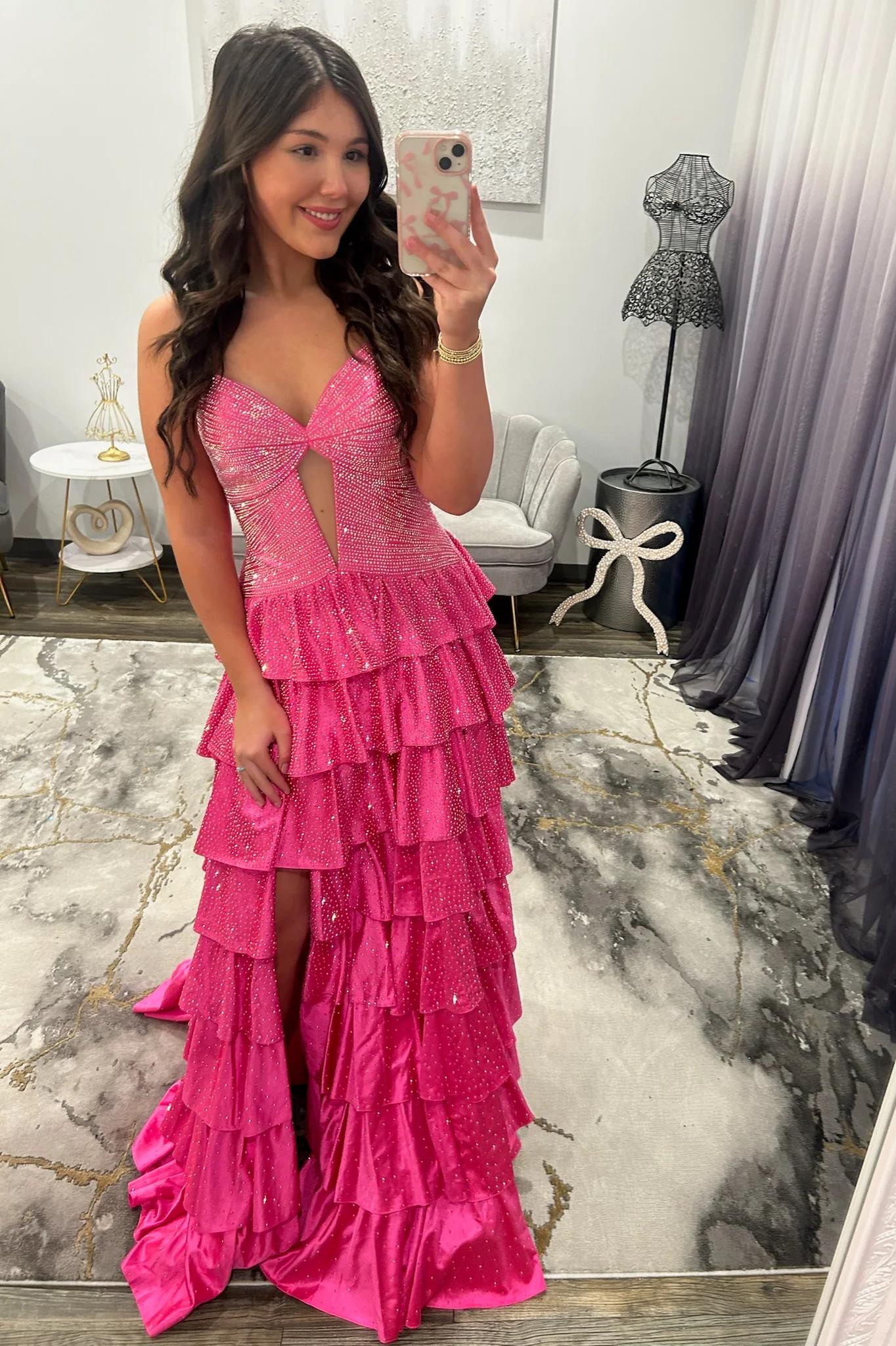 Sparkly Red Strapless Lace Up Tiered Ruffle Prom Dres with Cutout and Slit