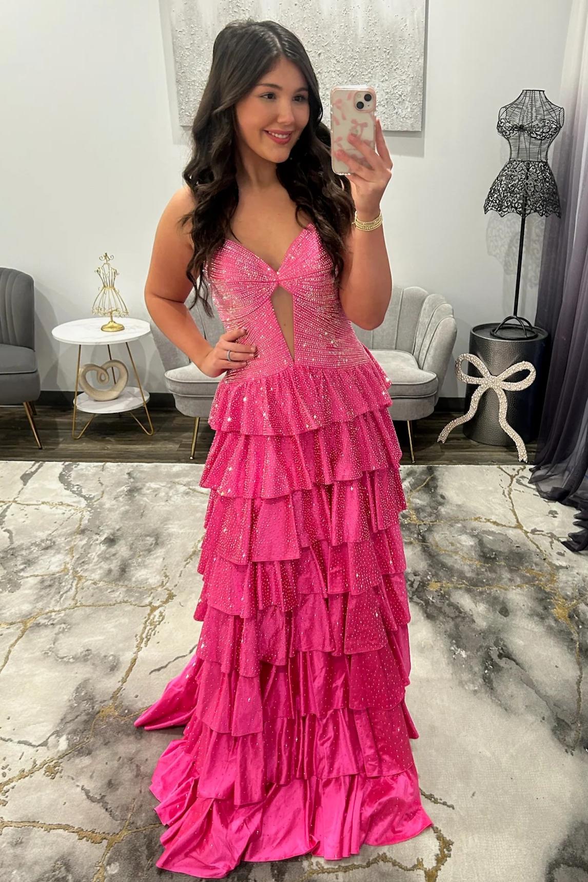 Sparkly Red Strapless Lace Up Tiered Ruffle Prom Dres with Cutout and Slit