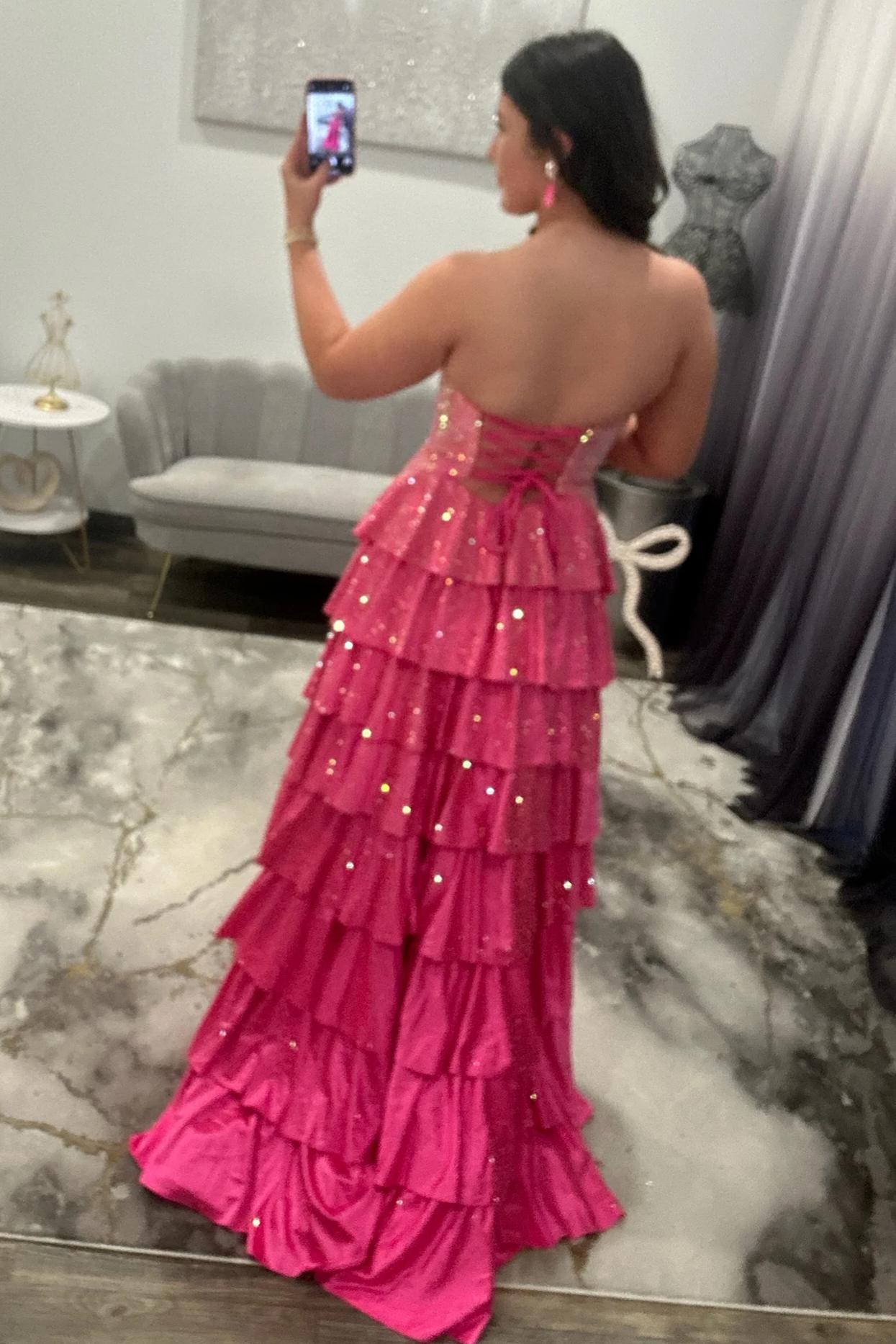Sparkly Red Strapless Lace Up Tiered Ruffle Prom Dres with Cutout and Slit