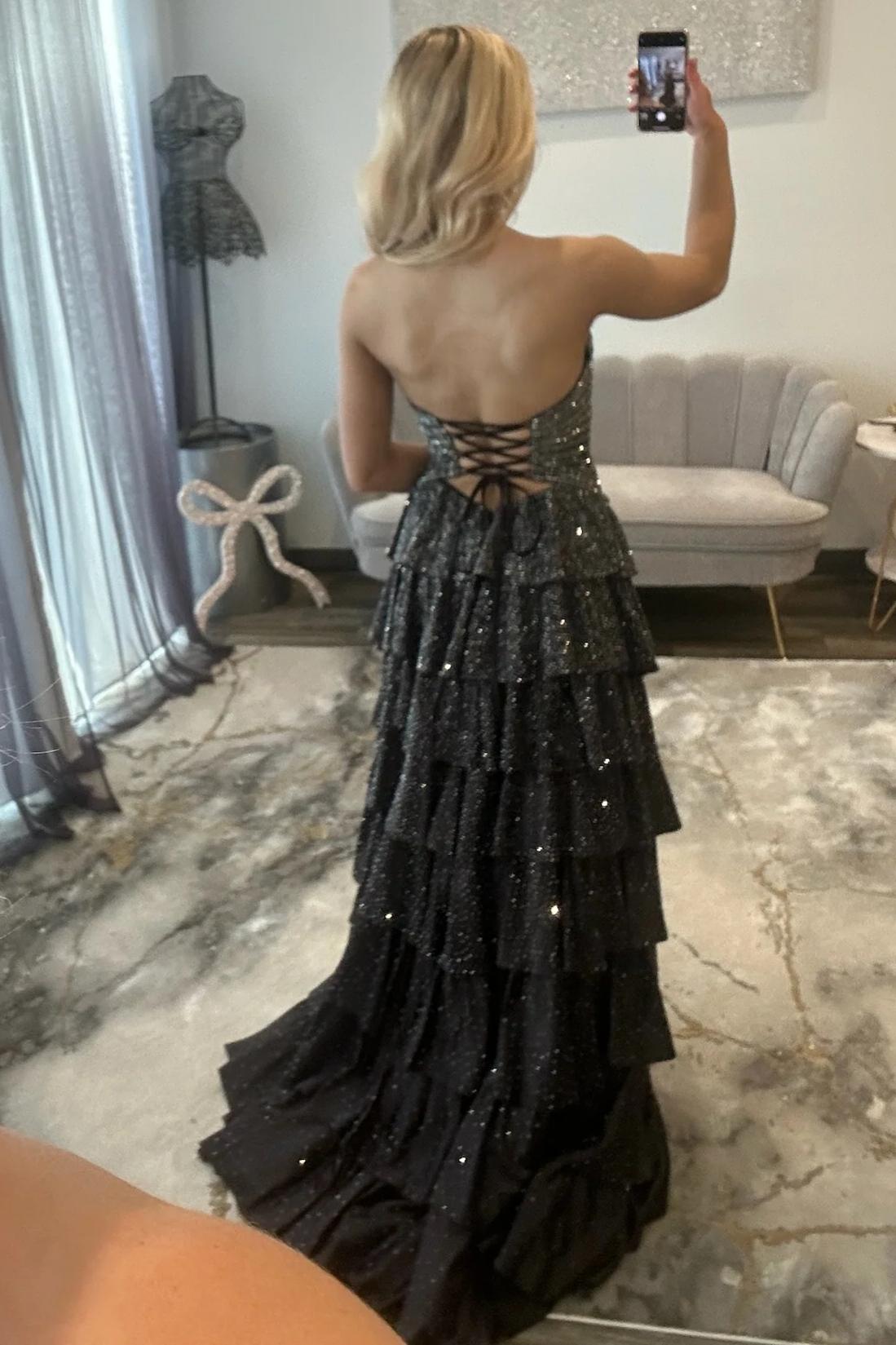 Sparkly Red Strapless Lace Up Tiered Ruffle Prom Dres with Cutout and Slit