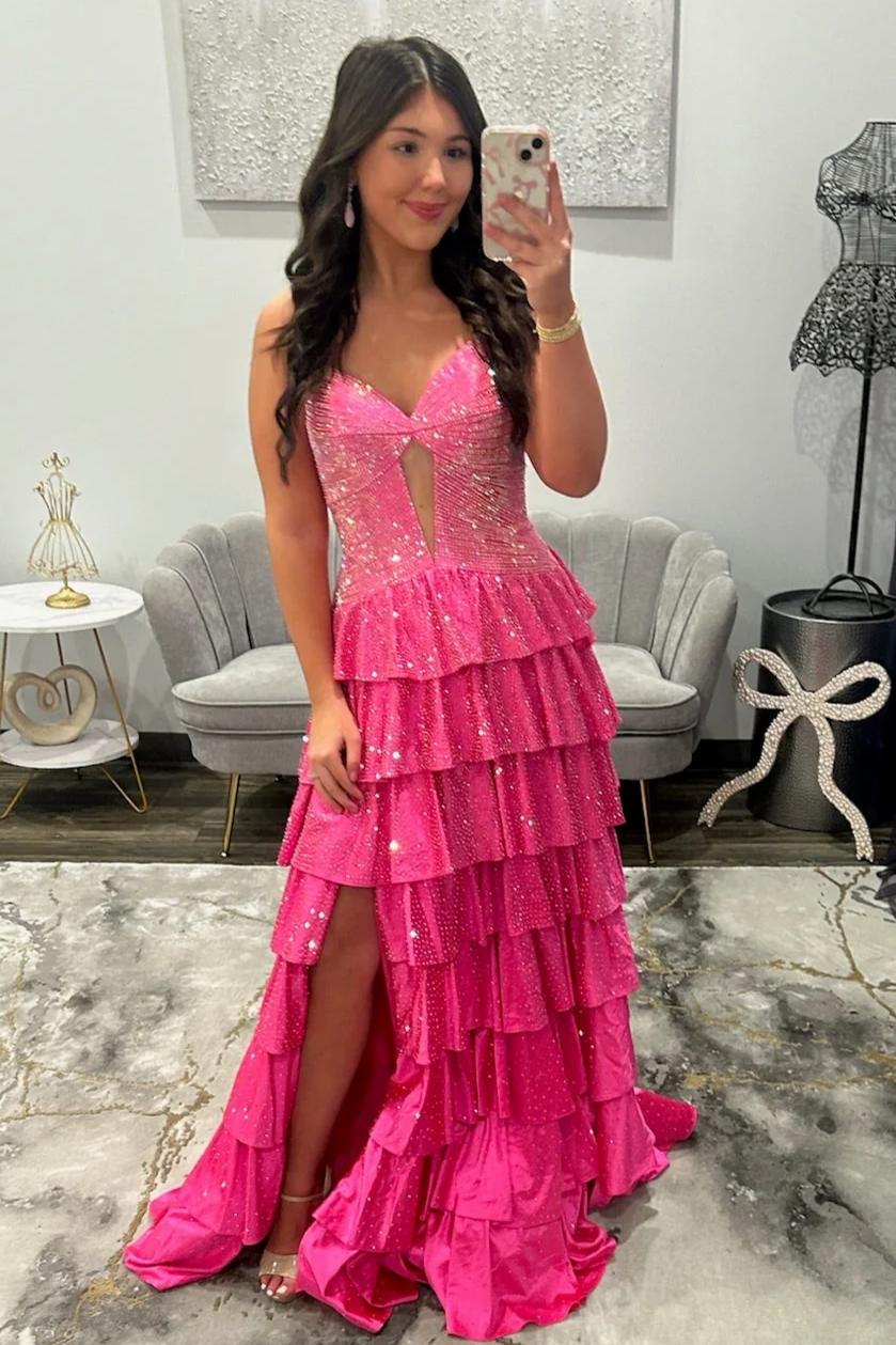 Sparkly Red Strapless Lace Up Tiered Ruffle Prom Dres with Cutout and Slit