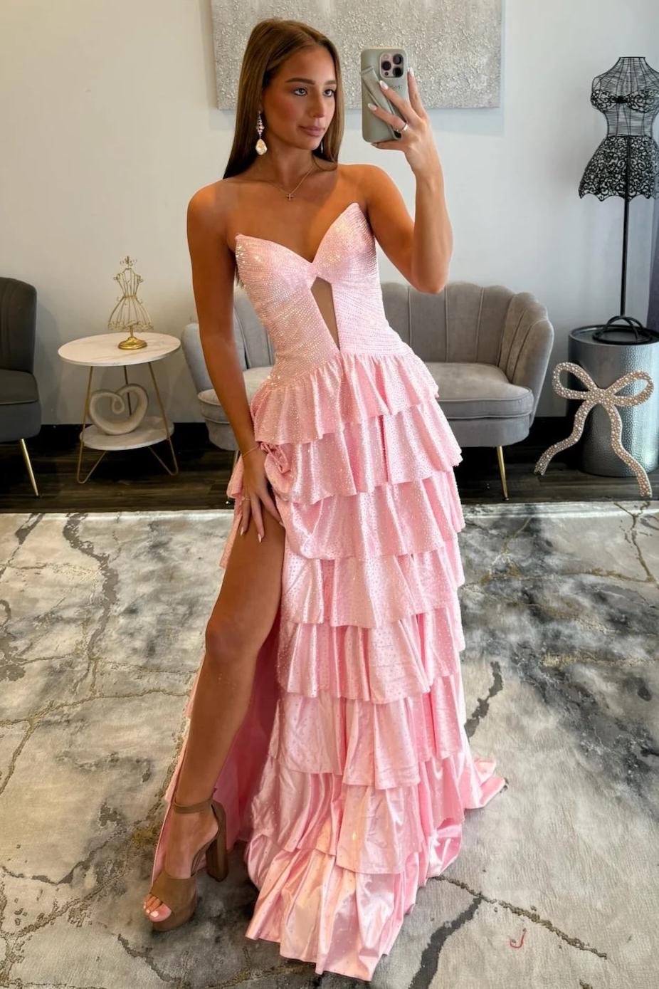 Sparkly Red Strapless Lace Up Tiered Ruffle Prom Dres with Cutout and Slit