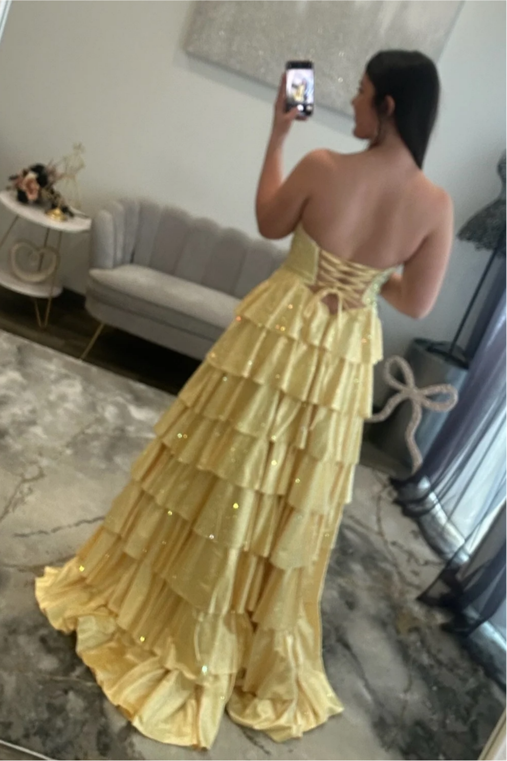 Sparkly Red Strapless Lace Up Tiered Ruffle Prom Dres with Cutout and Slit
