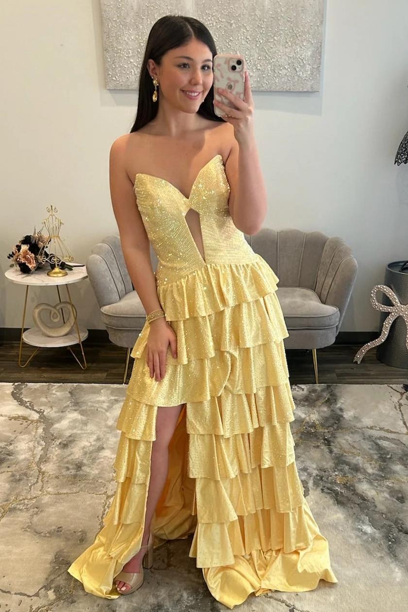 Sparkly Red Strapless Lace Up Tiered Ruffle Prom Dres with Cutout and Slit