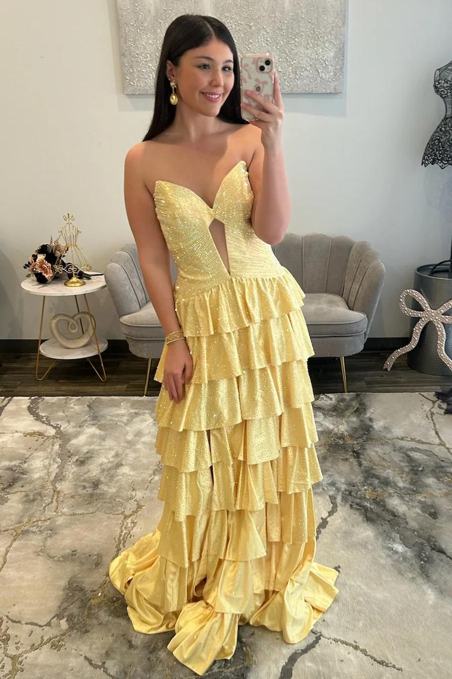 Sparkly Red Strapless Lace Up Tiered Ruffle Prom Dres with Cutout and Slit