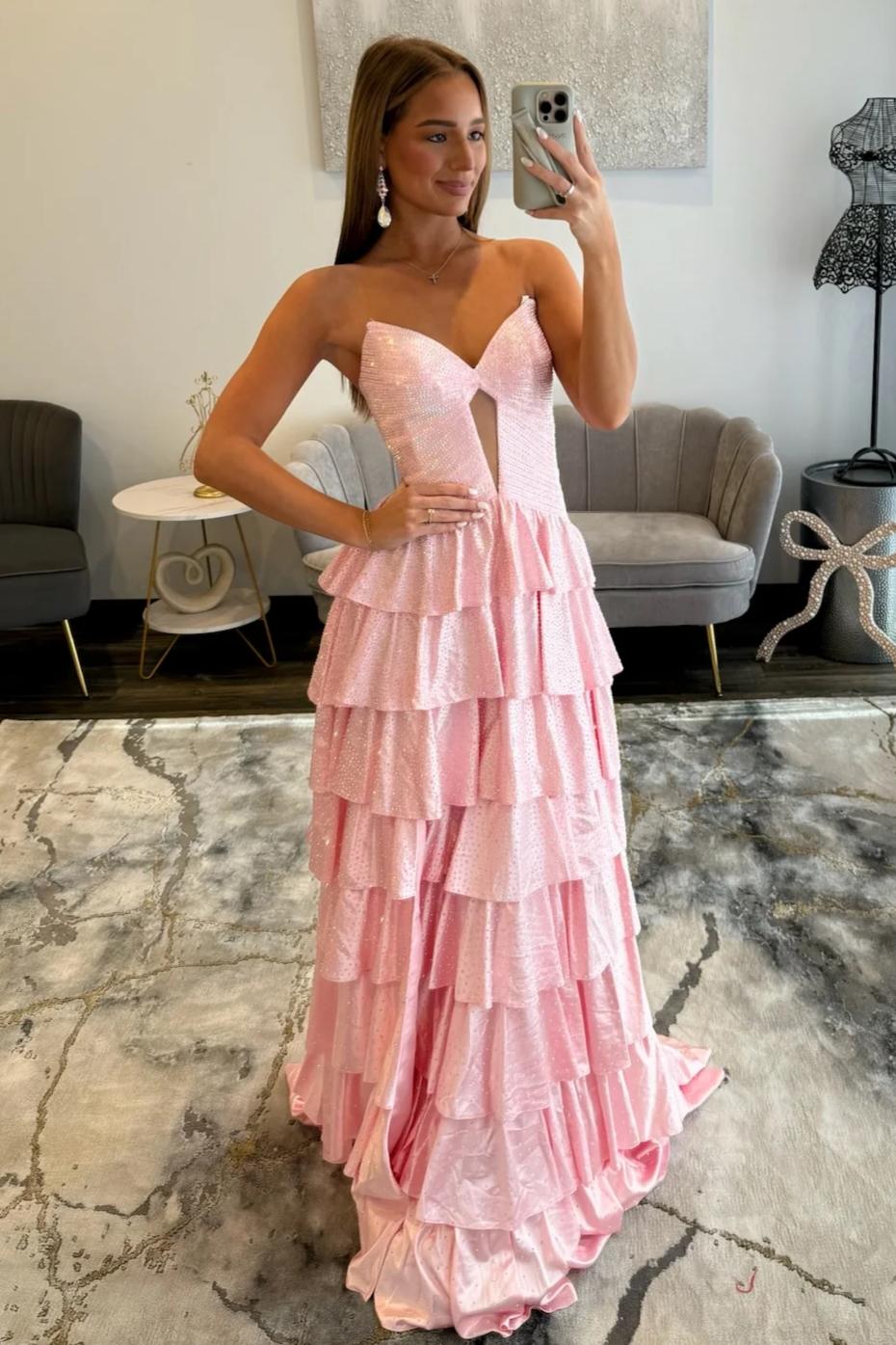Sparkly Red Strapless Lace Up Tiered Ruffle Prom Dres with Cutout and Slit