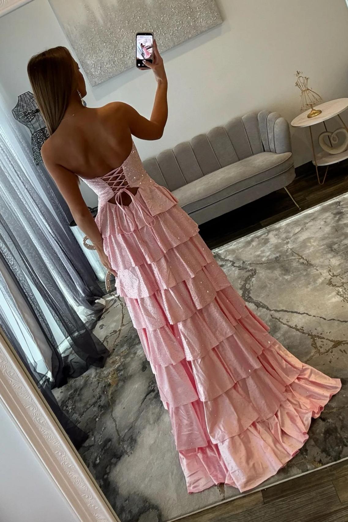 Sparkly Red Strapless Lace Up Tiered Ruffle Prom Dres with Cutout and Slit