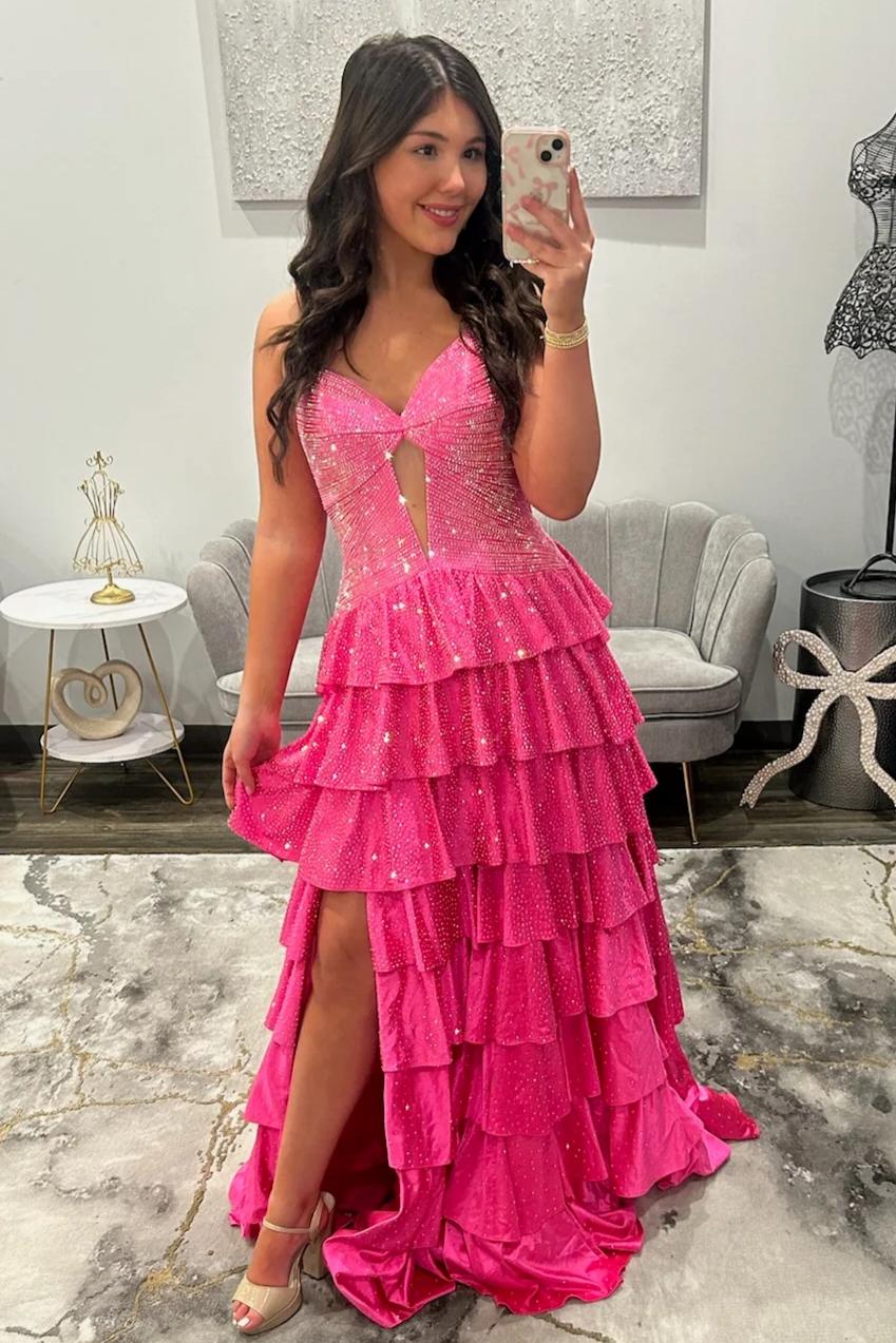 Sparkly Red Strapless Lace Up Tiered Ruffle Prom Dres with Cutout and Slit