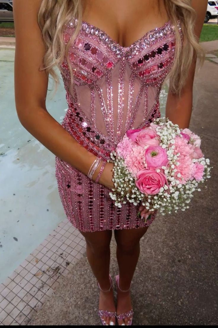 Luxurious Sheath Sweetheart Pink Corset Homecoming Dress with Beading