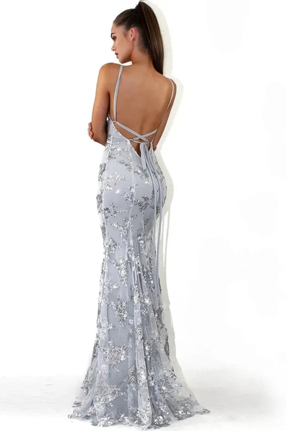 Sparkly Silver Appliqué Fitted Prom Gown with Crisscross Back