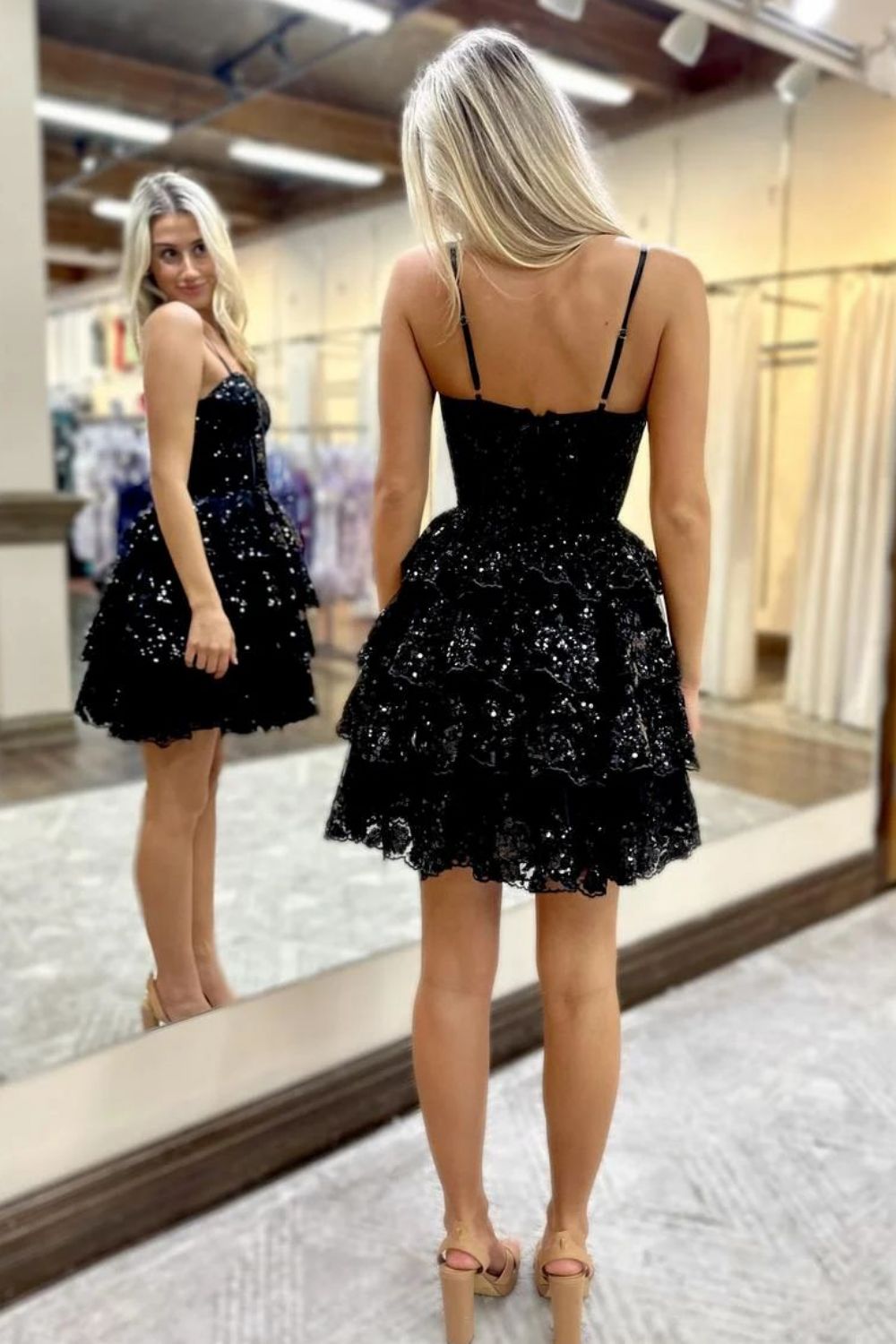 Sparkly Stunning A-Line Spaghetti Strap Short Homecoming Dress with Appliques Details
