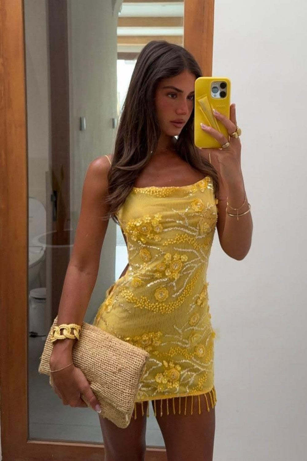 Sparkly Yellow Mini Homecoming Dress with Floral Beading and Fringe Trim