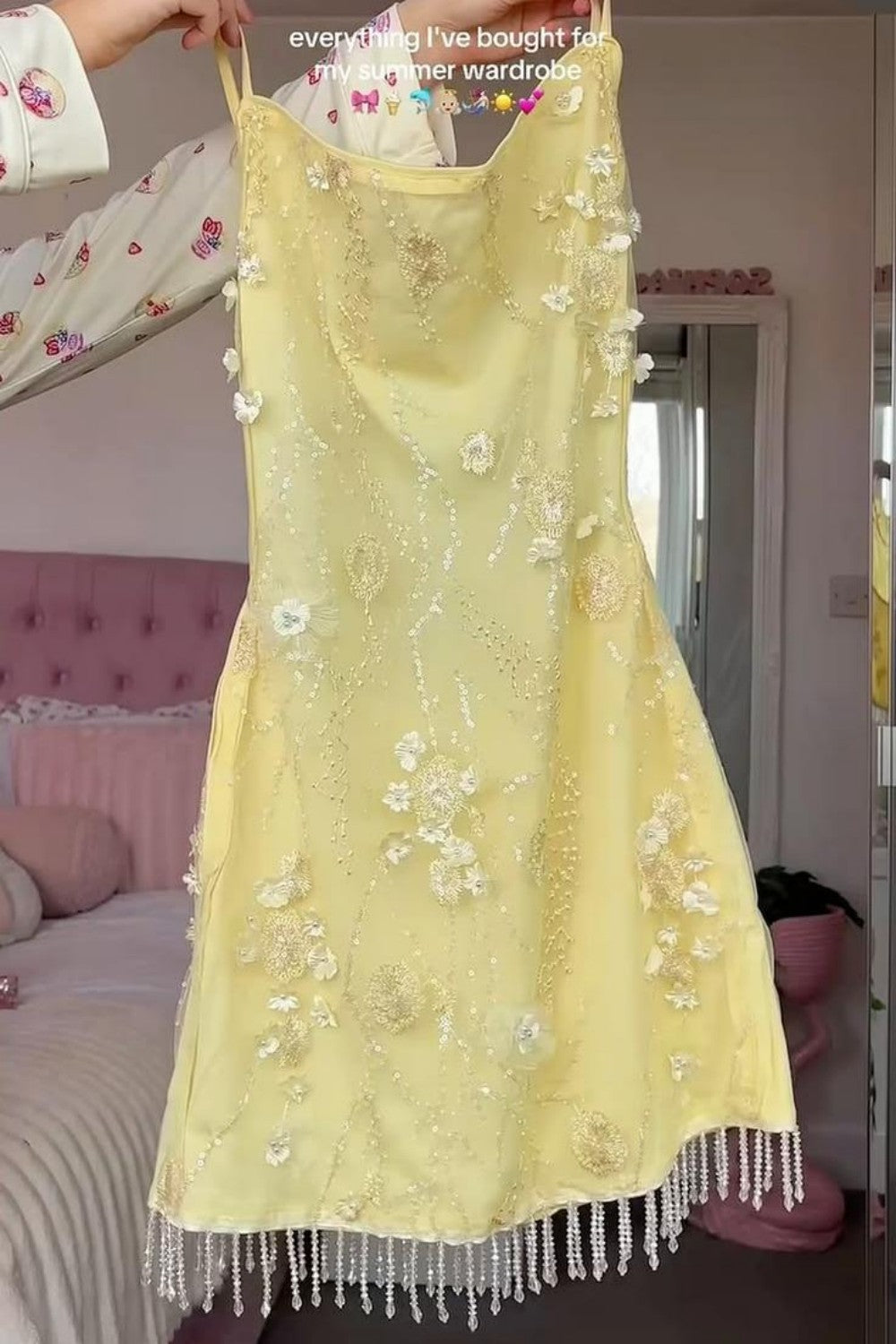 Sparkly Yellow Mini Homecoming Dress with Floral Beading and Fringe Trim