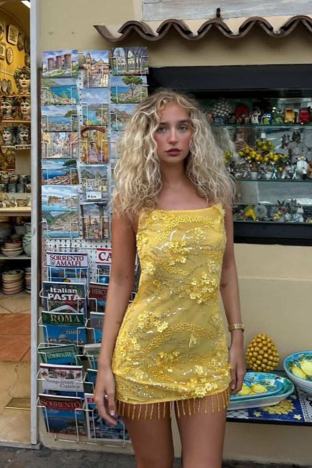 Sparkly Yellow Mini Homecoming Dress with Floral Beading and Fringe Trim