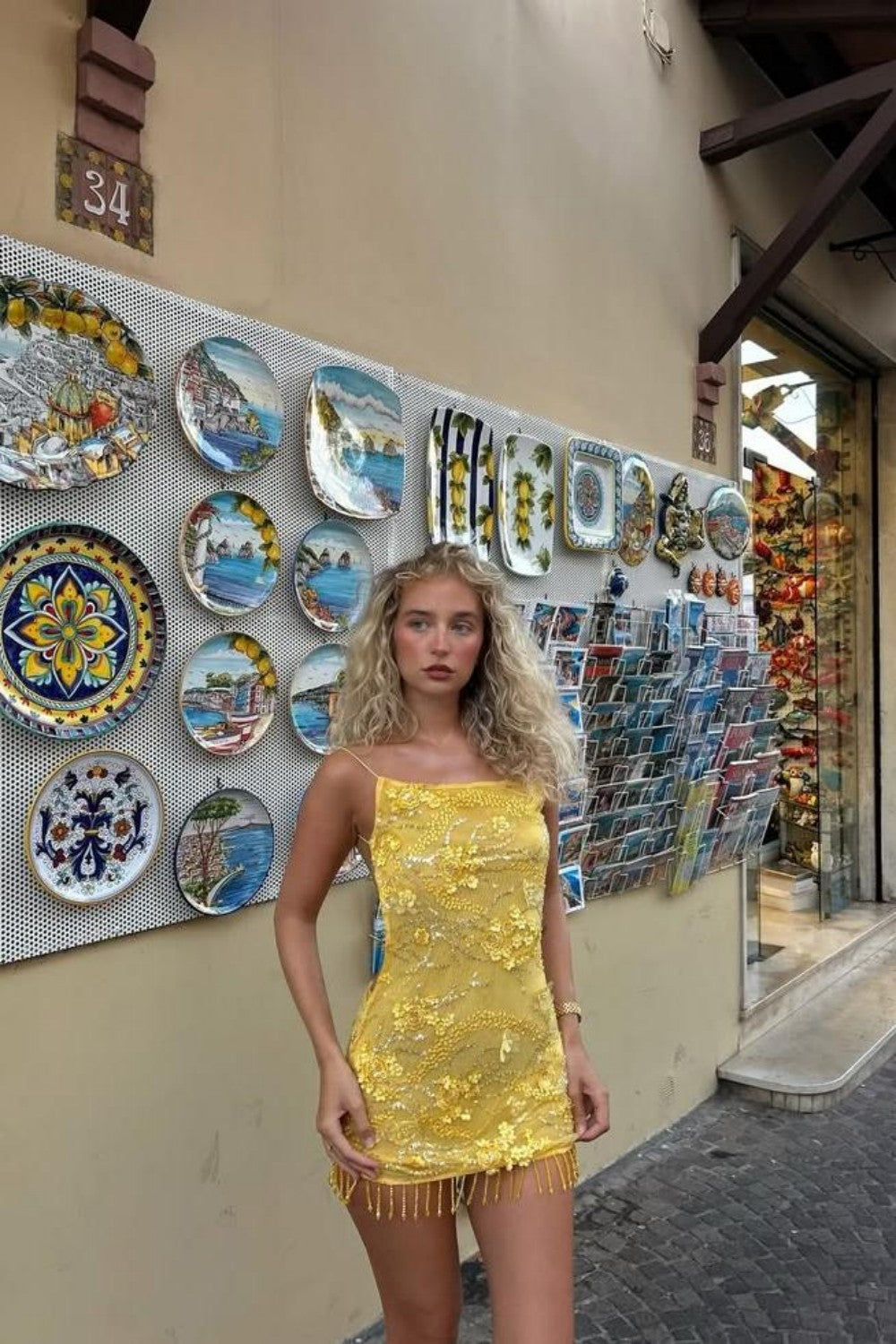 Sparkly Yellow Mini Homecoming Dress with Floral Beading and Fringe Trim