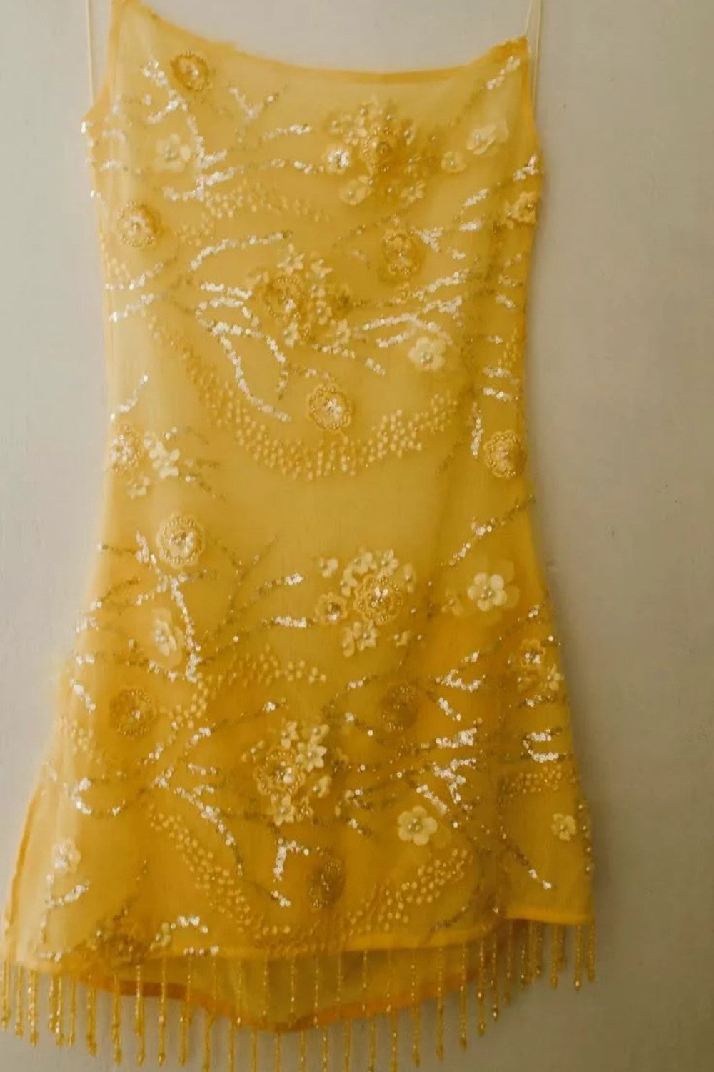 Sparkly Yellow Mini Homecoming Dress with Floral Beading and Fringe Trim