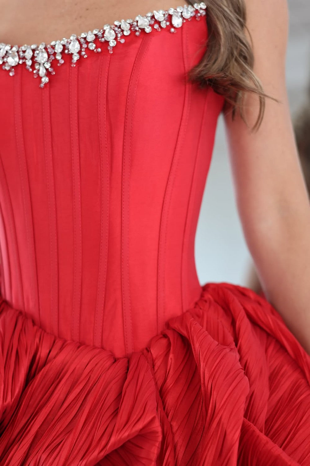 Pink Strapless Corset Bodice Bubble Skirt Mini Homecoming Dress with Crystal Trim