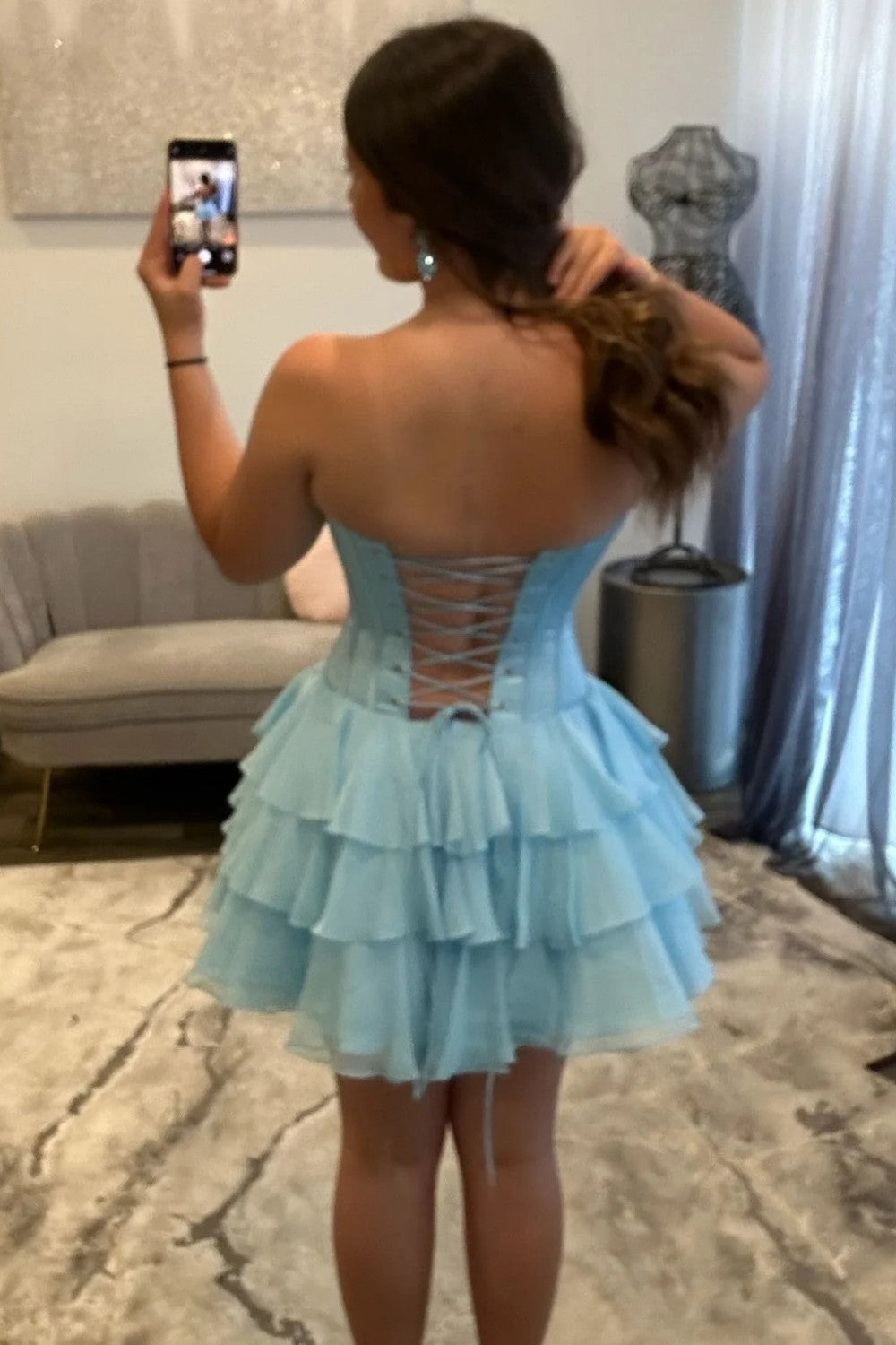 Hot Pink Strapless Homecoming Dress with Corset Bodice and Tiered Ruffle Skirt