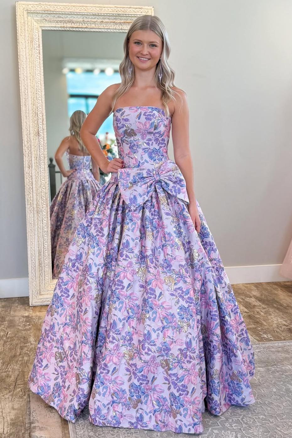 Strapless Purple Floral Formal Dress A-Line Prom Gown with Bow Accent