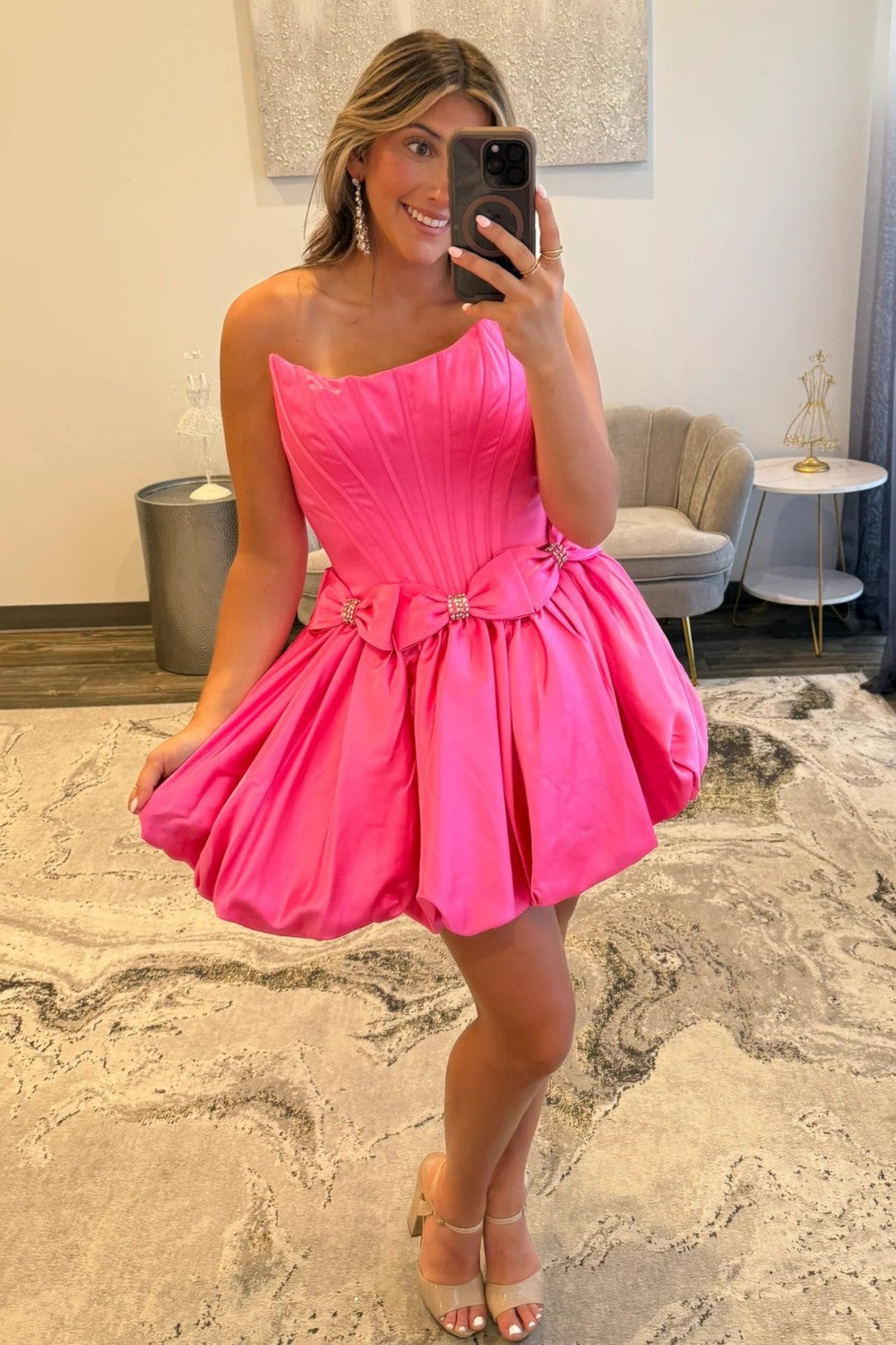 Strapless Satin Bubble Hem A-Line Homecoming Dress with Bow Accents