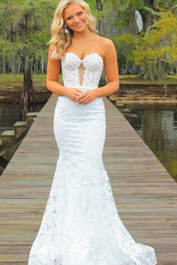 Fuchsia Strapless Sweetheart Prom Dress with Beaded Lace and Sheer V-Detail