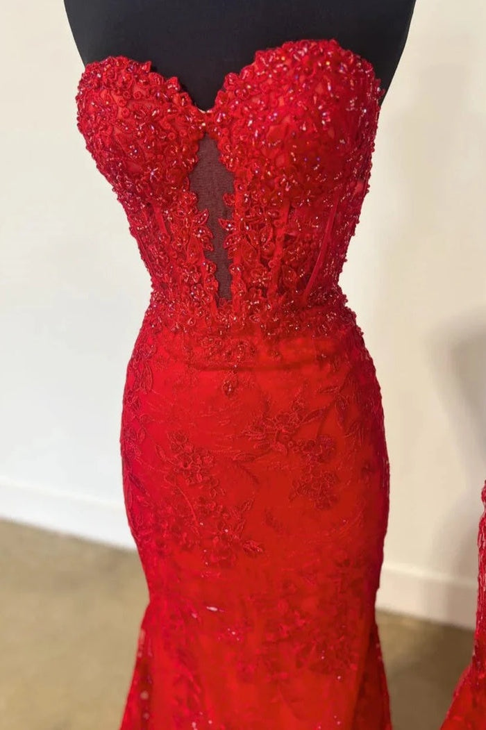 Fuchsia Strapless Sweetheart Prom Dress with Beaded Lace and Sheer V-Detail