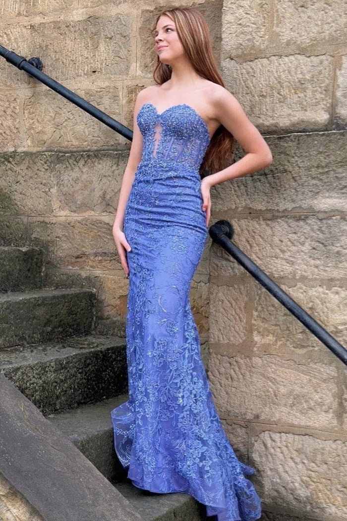 Fuchsia Strapless Sweetheart Prom Dress with Beaded Lace and Sheer V-Detail
