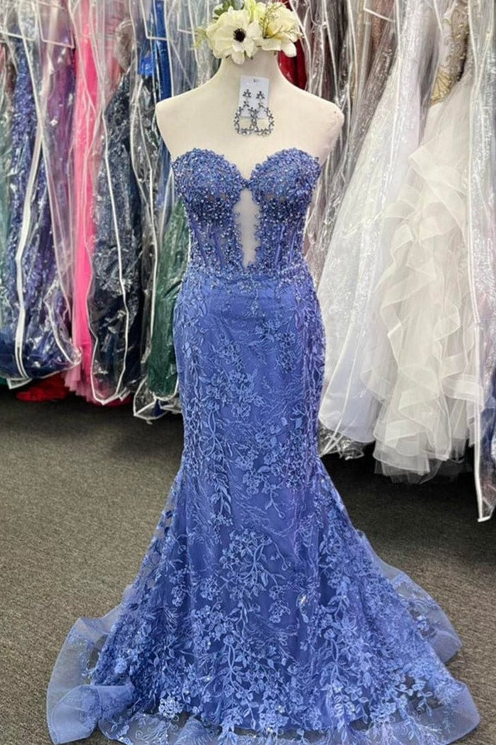 Fuchsia Strapless Sweetheart Prom Dress with Beaded Lace and Sheer V-Detail
