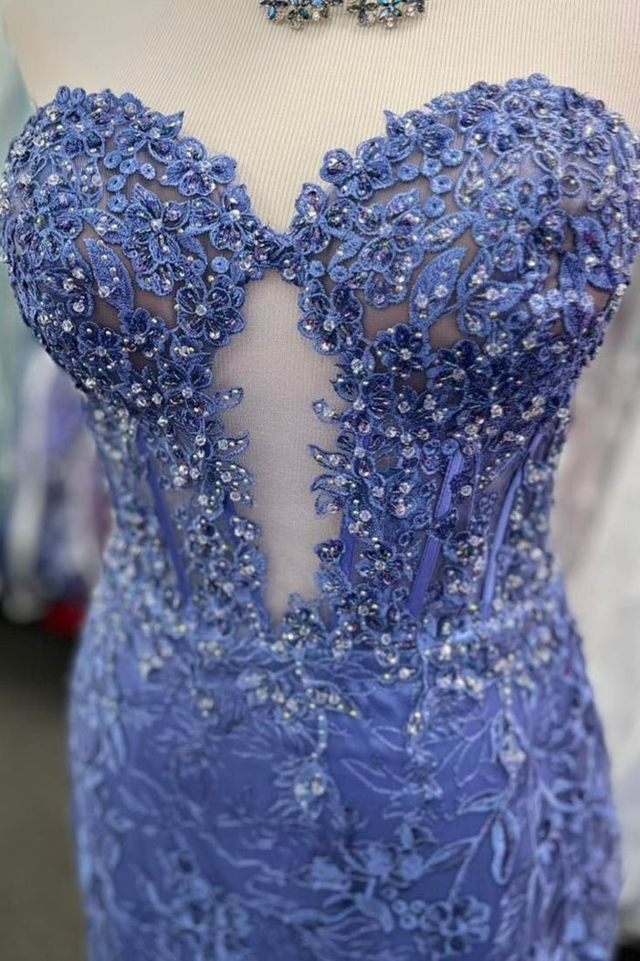 Fuchsia Strapless Sweetheart Prom Dress with Beaded Lace and Sheer V-Detail