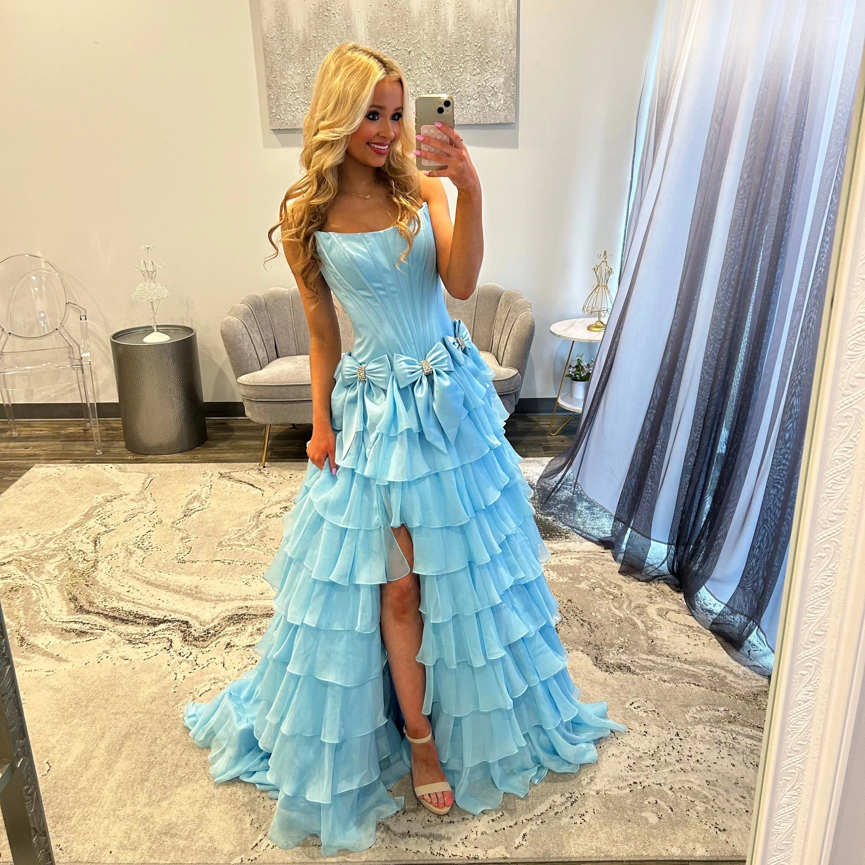 Strapless Tiered Princess A-Line Prom Dress with Slit and Bow