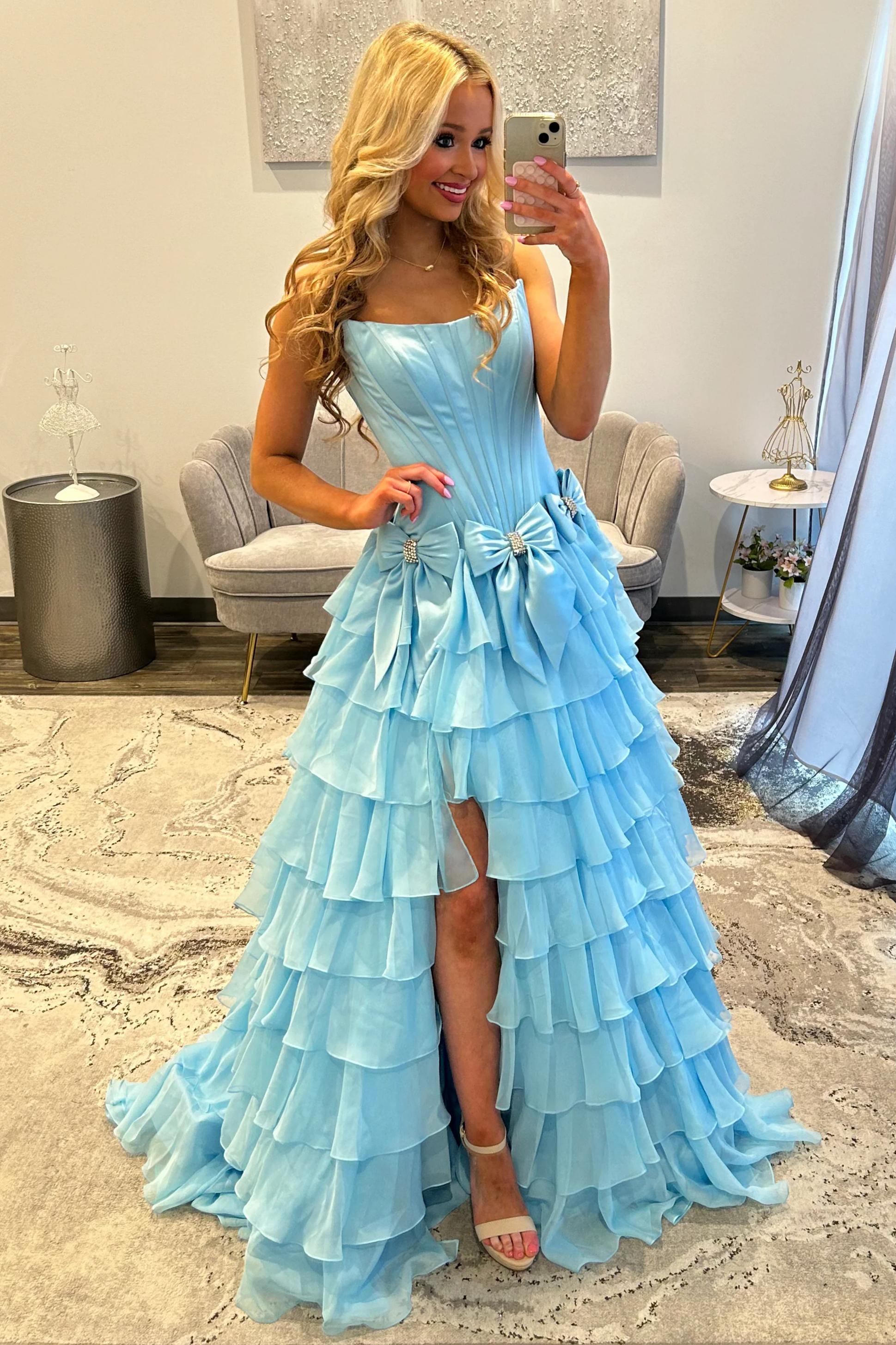 Strapless Tiered Princess A-Line Prom Dress with Slit and Bow