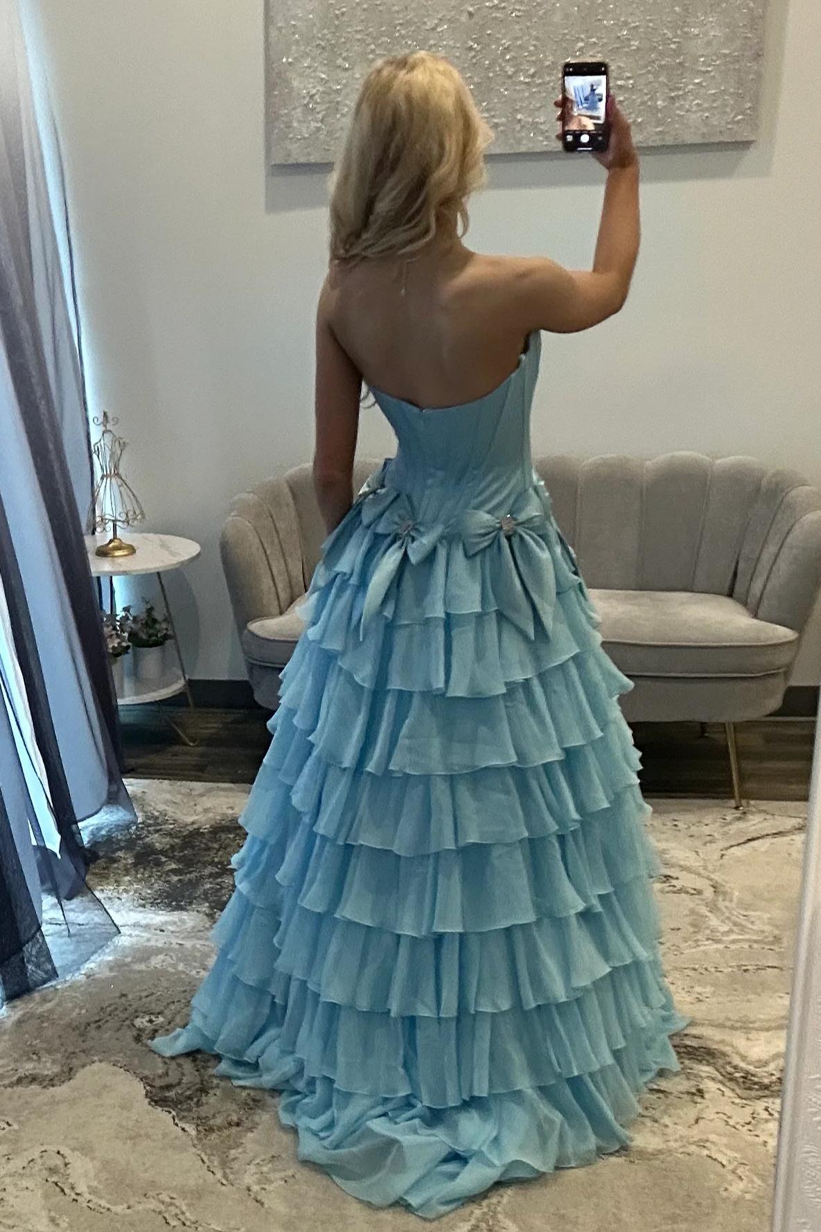 Strapless Tiered Princess A-Line Prom Dress with Slit and Bow