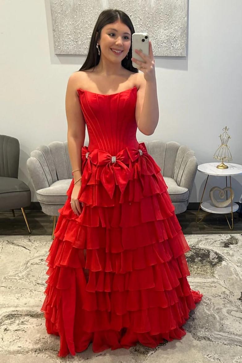Strapless Tiered Princess A-Line Prom Dress with Slit and Bow