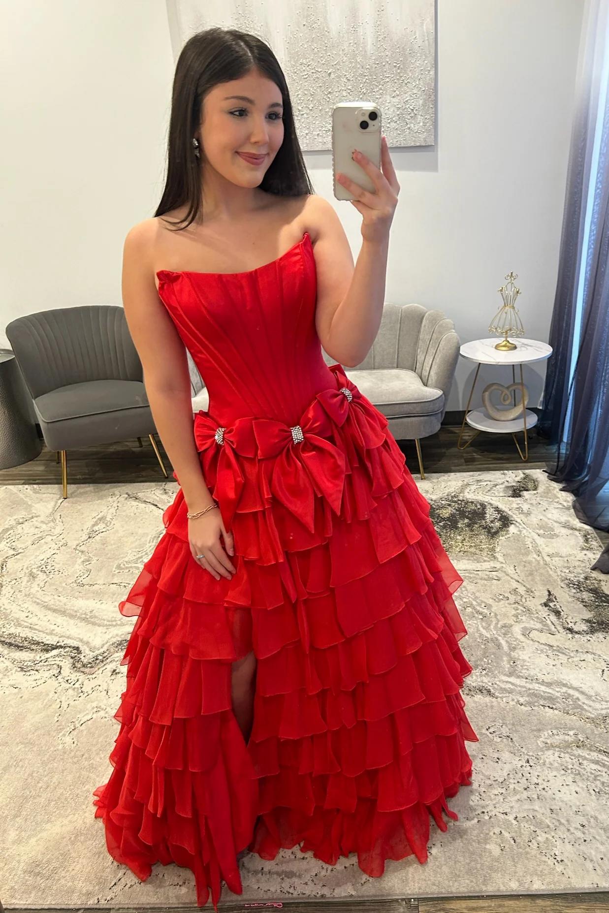 Strapless Tiered Princess A-Line Prom Dress with Slit and Bow