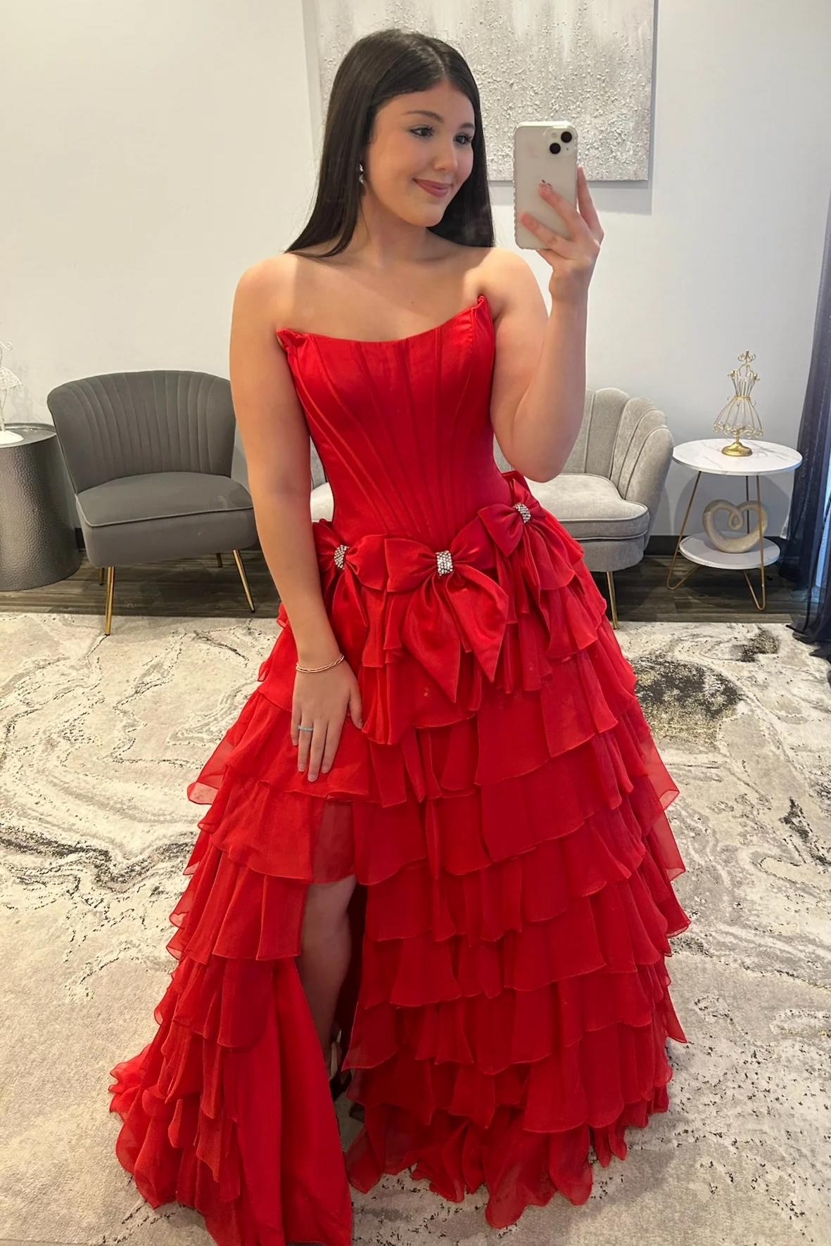 Strapless Tiered Princess A-Line Prom Dress with Slit and Bow