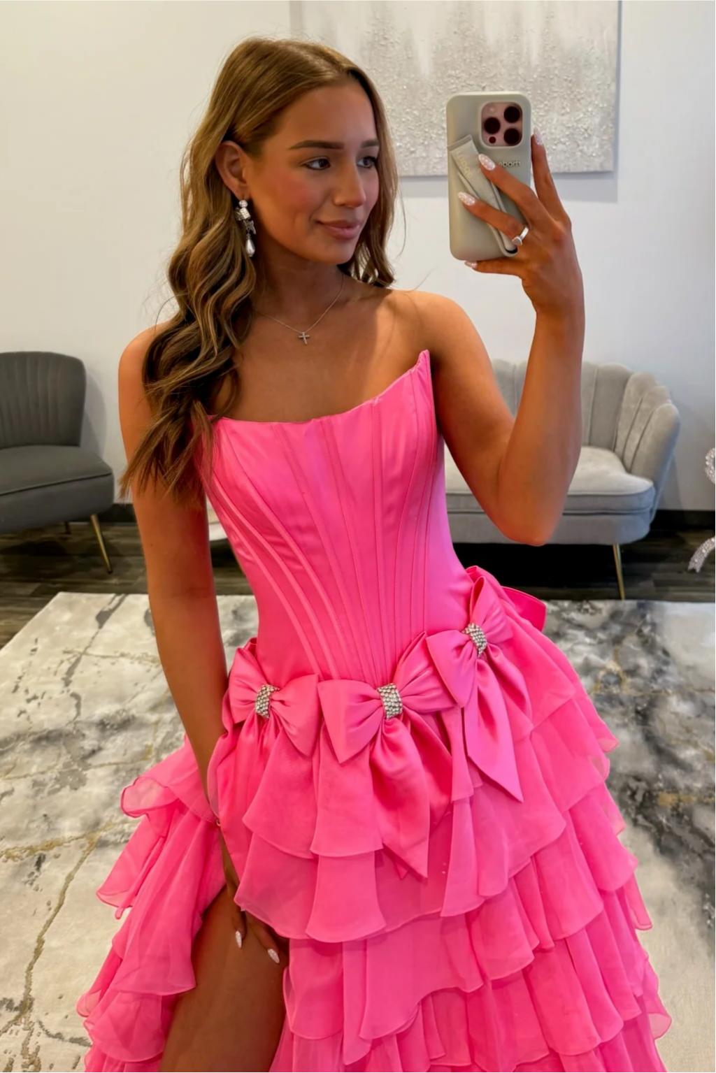 Strapless Tiered Princess A-Line Prom Dress with Slit and Bow