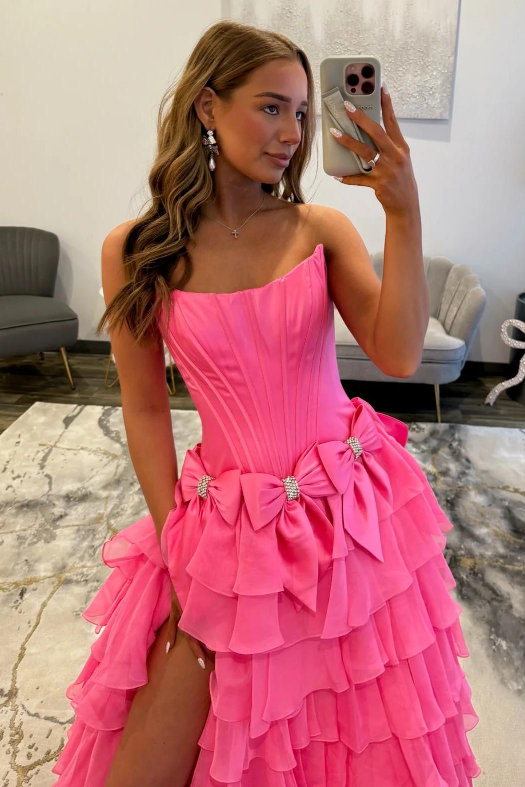 Strapless Tiered Princess A-Line Prom Dress with Slit and Bow