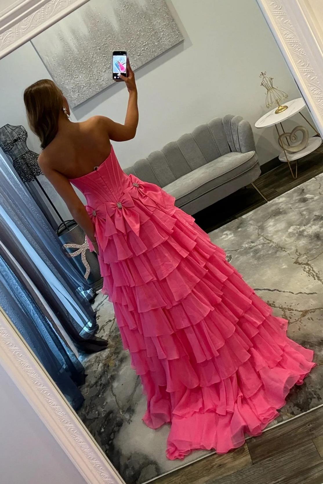 Strapless Tiered Princess A-Line Prom Dress with Slit and Bow