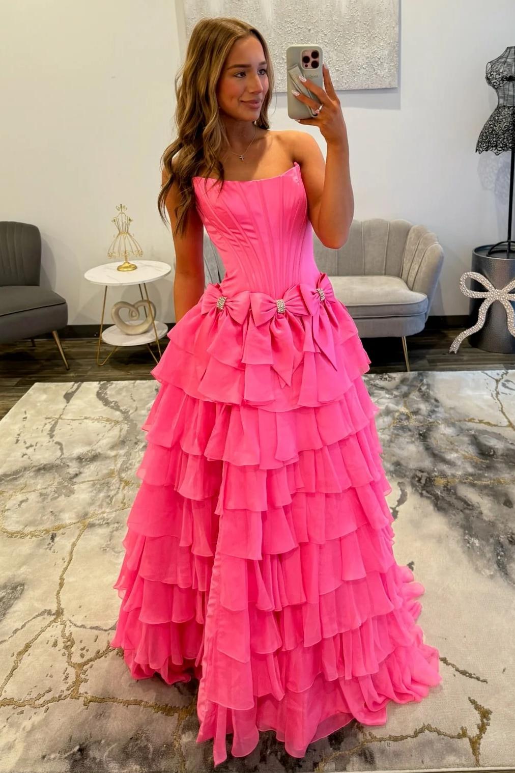 Strapless Tiered Princess A-Line Prom Dress with Slit and Bow