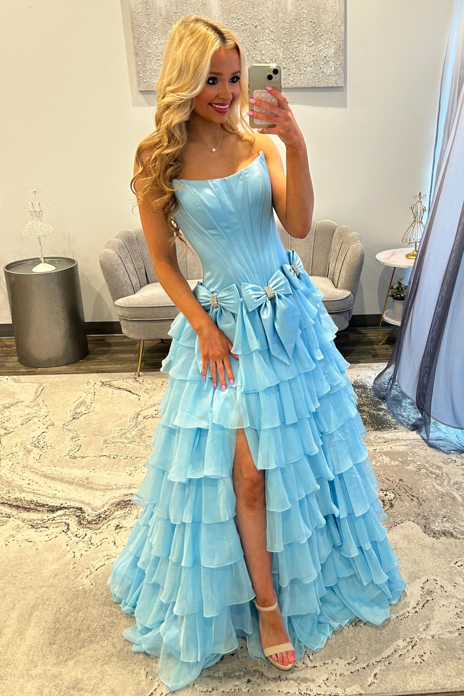 Strapless Tiered Princess A-Line Prom Dress with Slit and Bow
