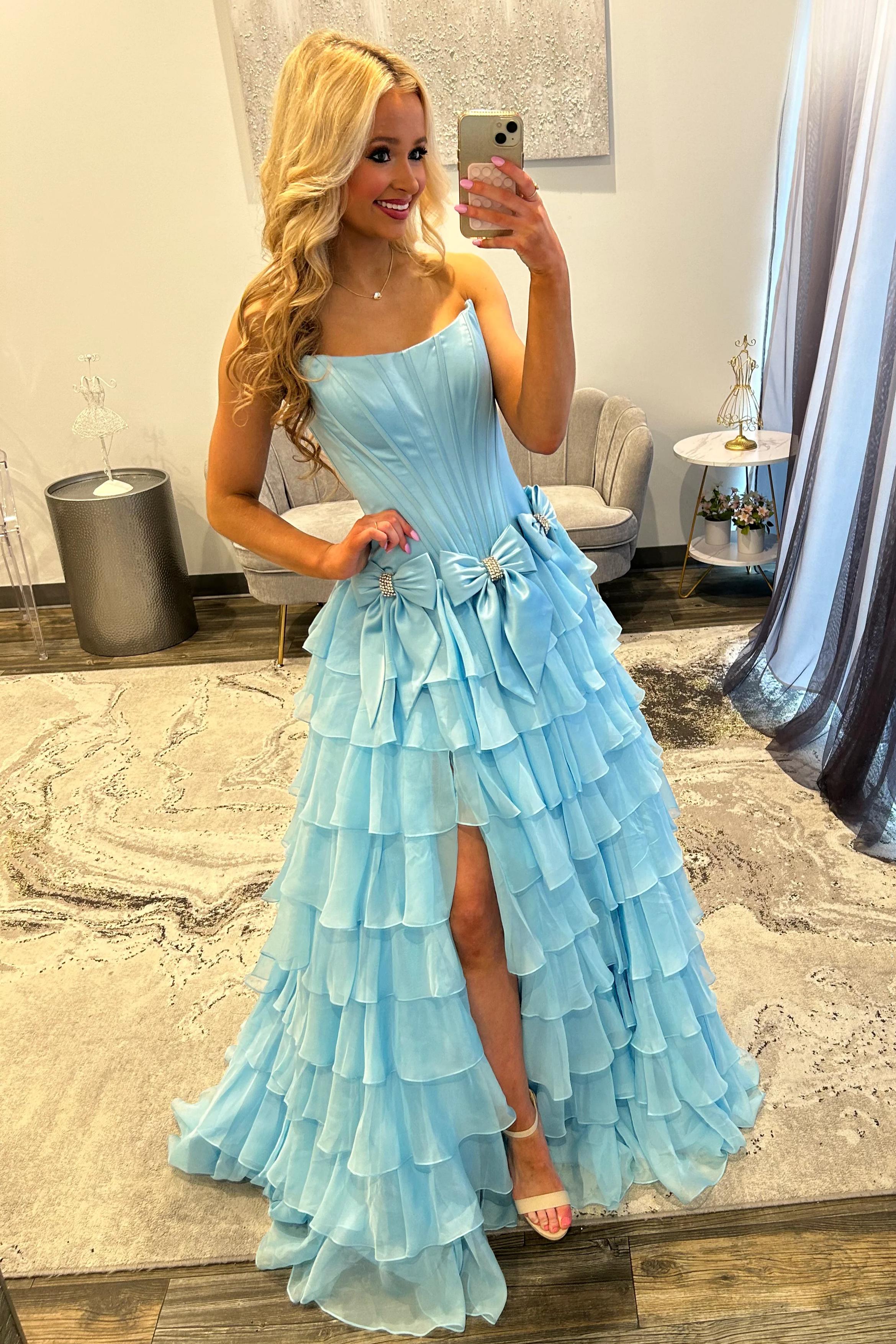 Strapless Tiered Princess A-Line Prom Dress with Slit and Bow