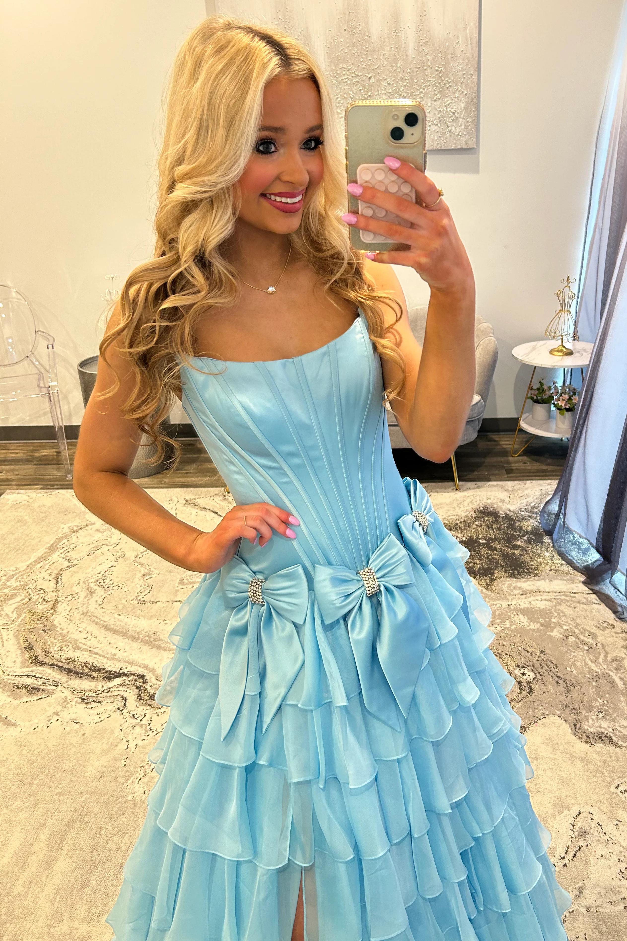 Strapless Tiered Princess A-Line Prom Dress with Slit and Bow