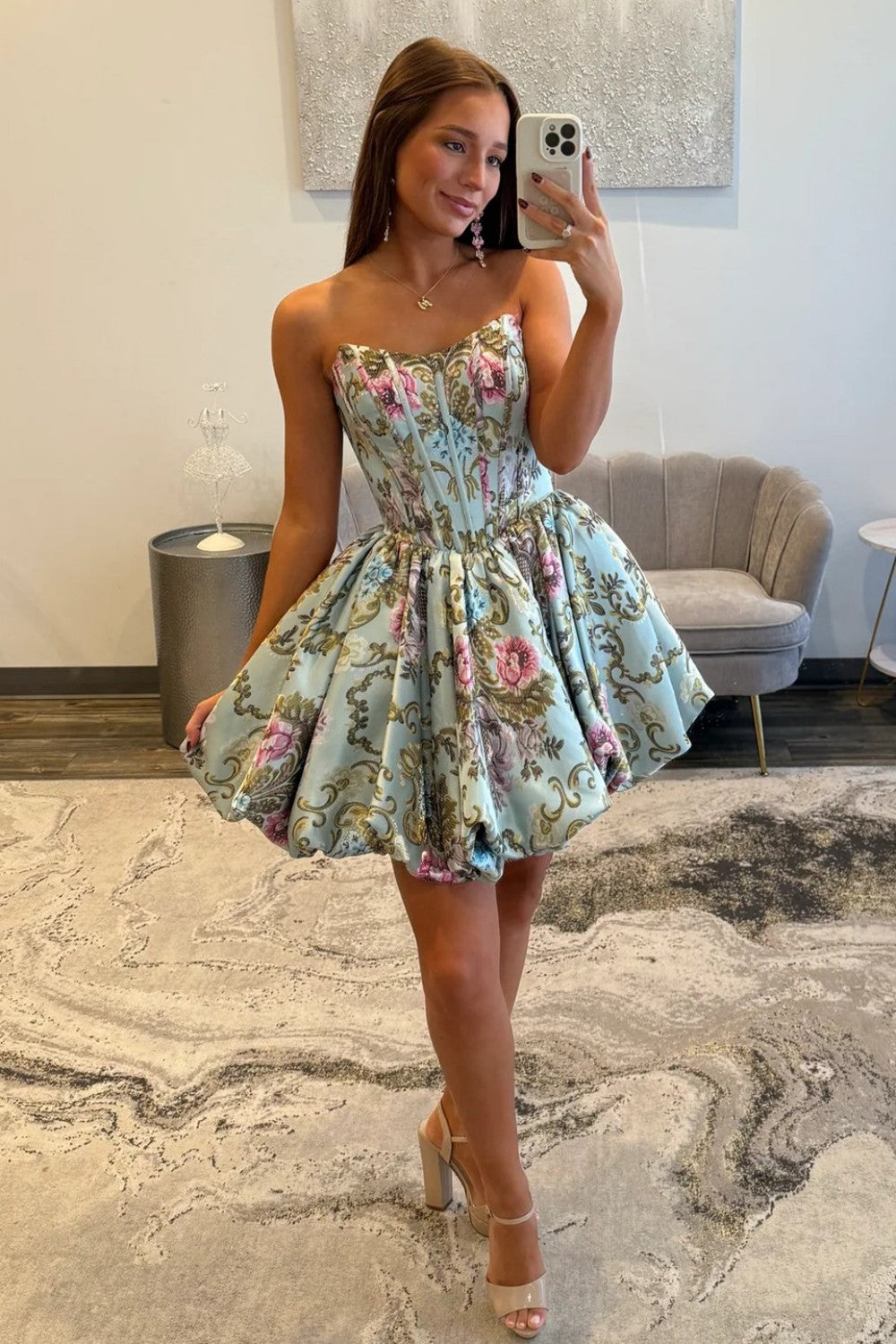 Strapless A-Line Floral Print Corset Homecoming Dress with Flared Skirt