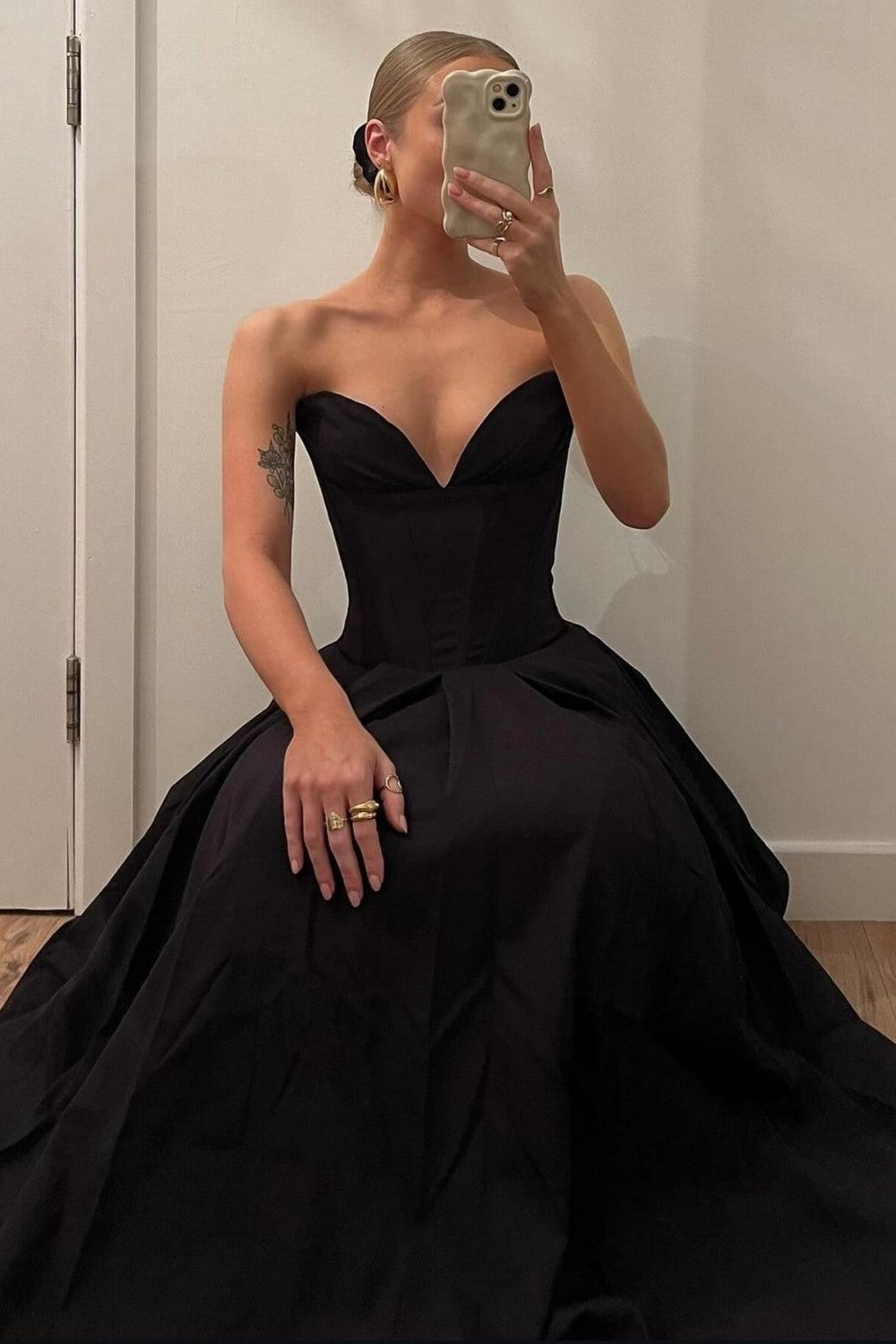Strapless Black Formal Ball Gown with Structured Bodice