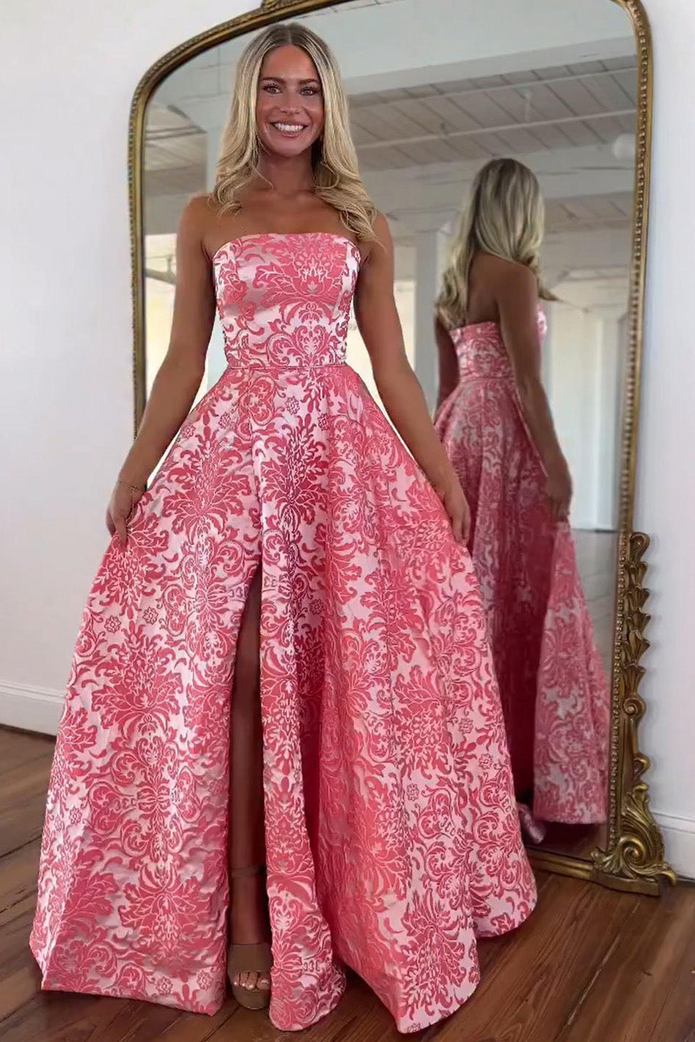 Strapless Floral Prom Dress with Front Slit  Elegant A-Line Evening Gown